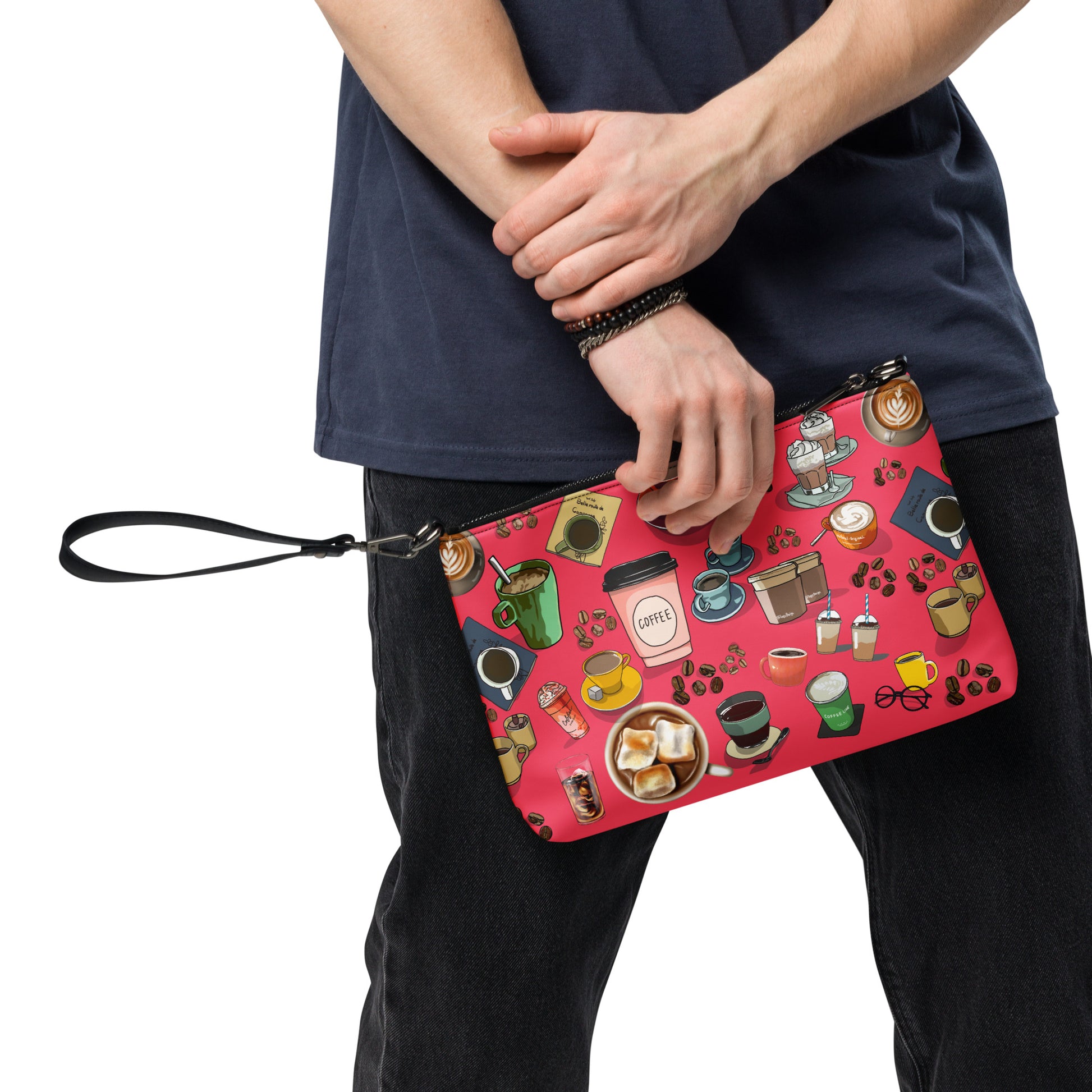 All-over print black crossbody bag featuring caffeine molecule design from Eccentric Chemistry's Laboratory of Strange & Stylish Things.