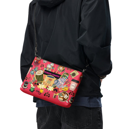 Black all-over print crossbody bag from Eccentric Chemistry’s Caffeine Comfort Experiment collection featuring bold, stylish design.