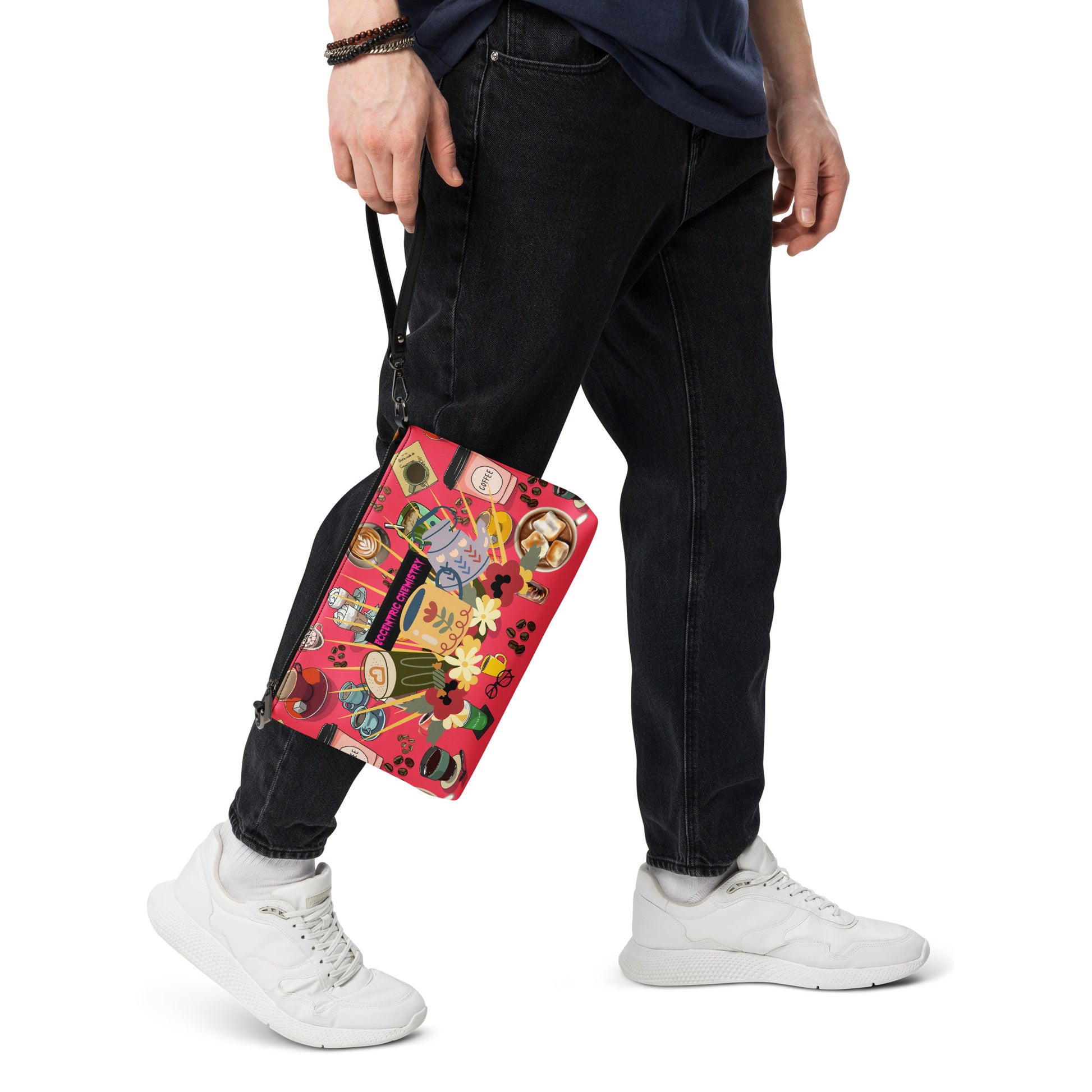 Black all-over print crossbody bag featuring caffeine-themed design from Eccentric Chemistry’s Laboratory of Strange & Stylish Things.