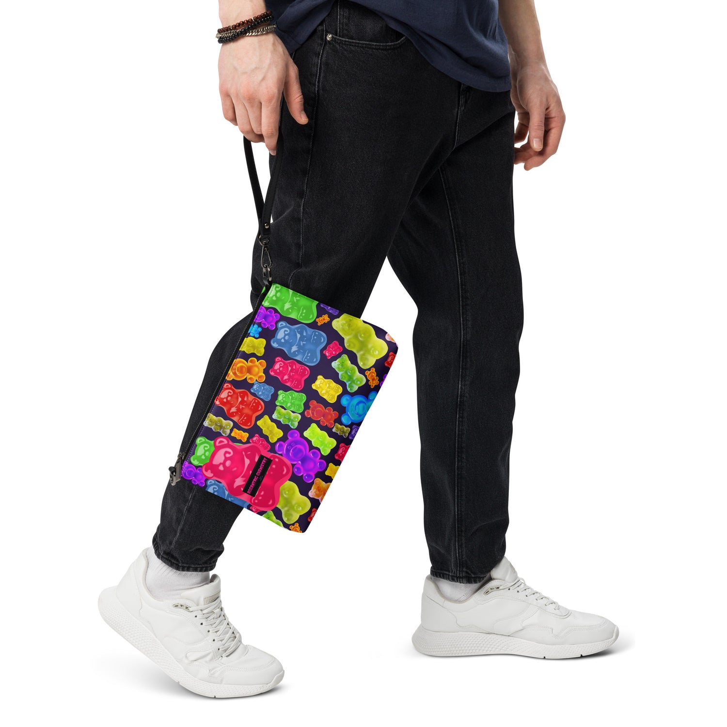 White all-over-print crossbody bag with colorful gummy core fusion decor from Eccentric Chemistry’s Laboratory of Strange & Stylish Things.