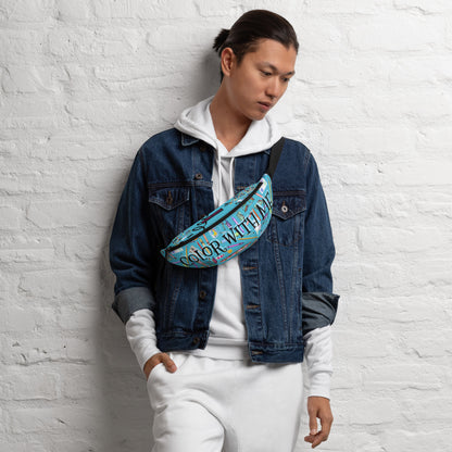 Eccentric Chemistry childhood color theory experiment fanny pack with all-over-print white background, stylish and playful design.