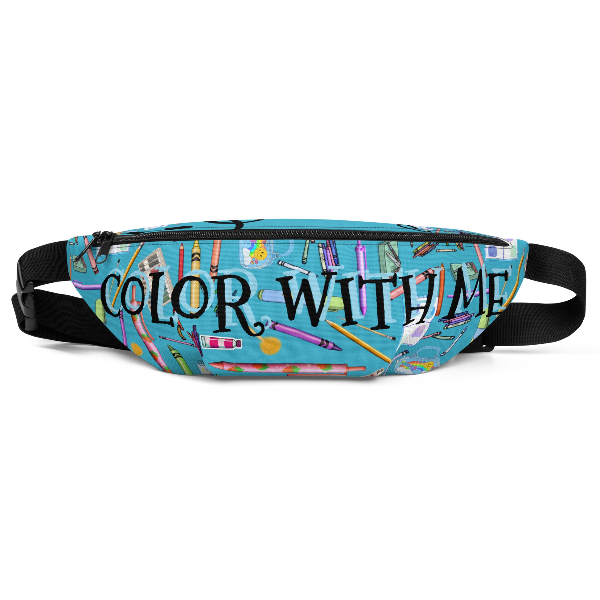 Eccentric Chemistry childhood color theory experiment fanny pack with all-over white print, stylish and vibrant accessory.