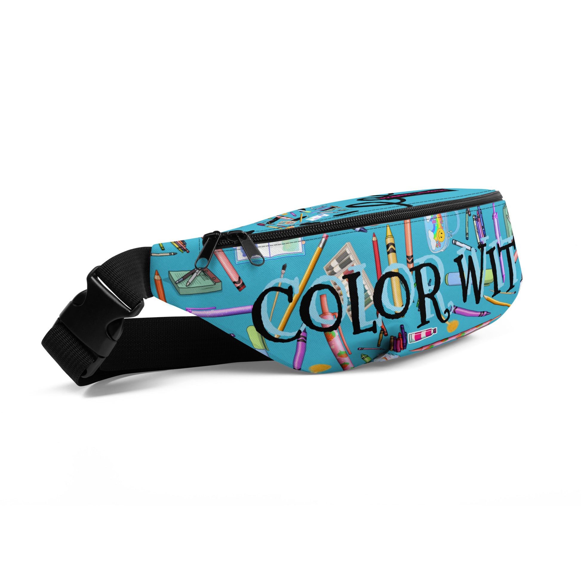 Eccentric Chemistry childhood color theory experiment fanny pack with all-over print, white background, front view showing vibrant design.