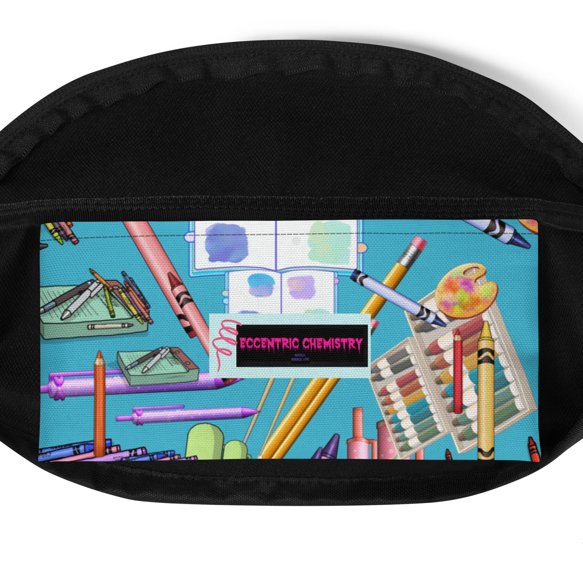 Colorful all-over-print childhood color theory experiment fanny pack by Eccentric Chemistry with white pocket, stylish and playful design.