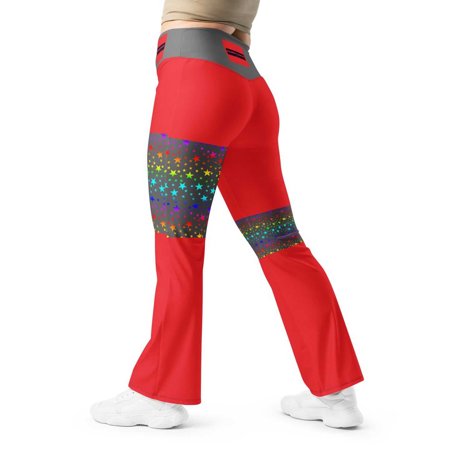 Women's flare leggings with cosmic color pop print by Eccentric Chemistry, featuring all-over galaxy-inspired designs on white fabric.