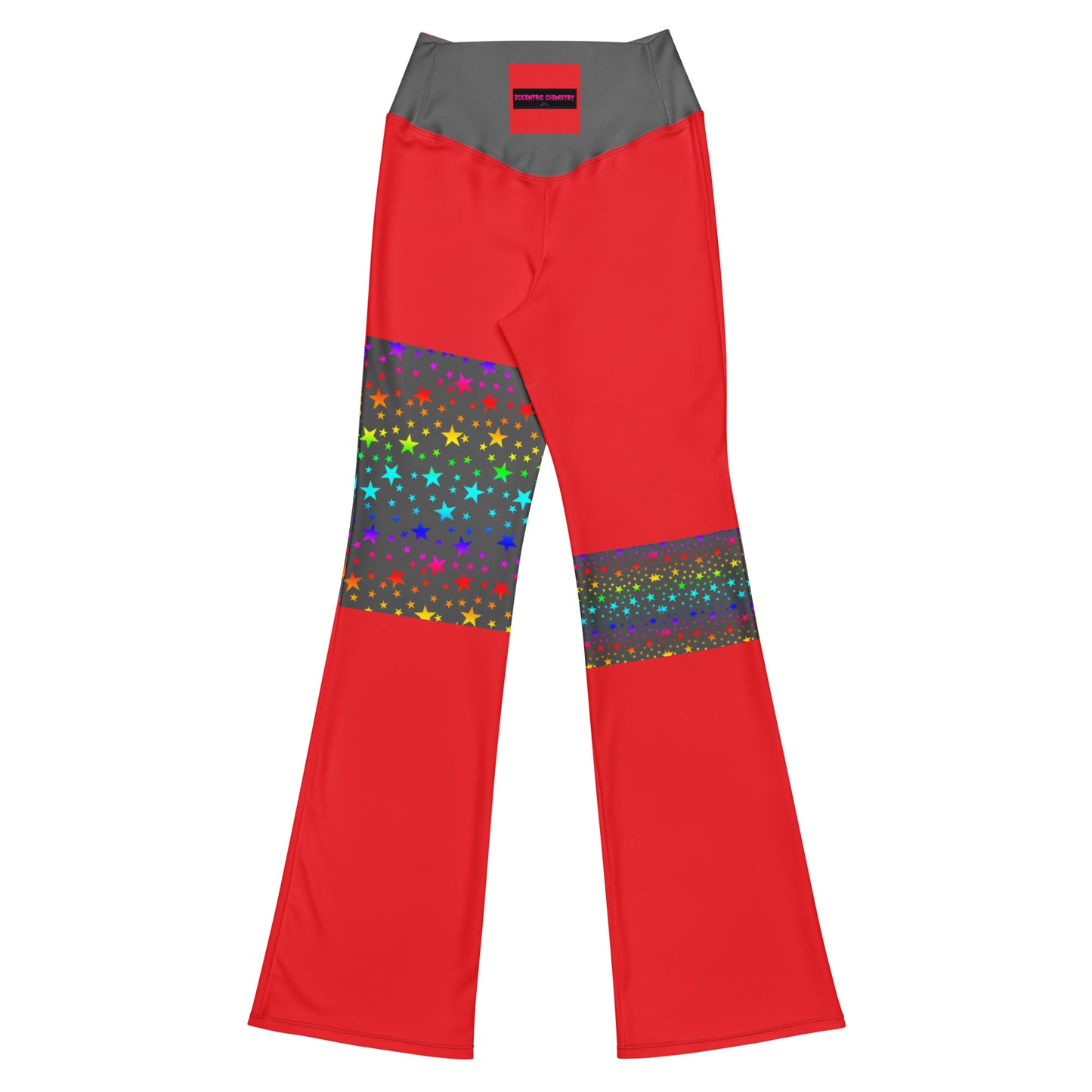 Women's flare leggings by Eccentric Chemistry with cosmic color pop all-over print, showing a white back view.