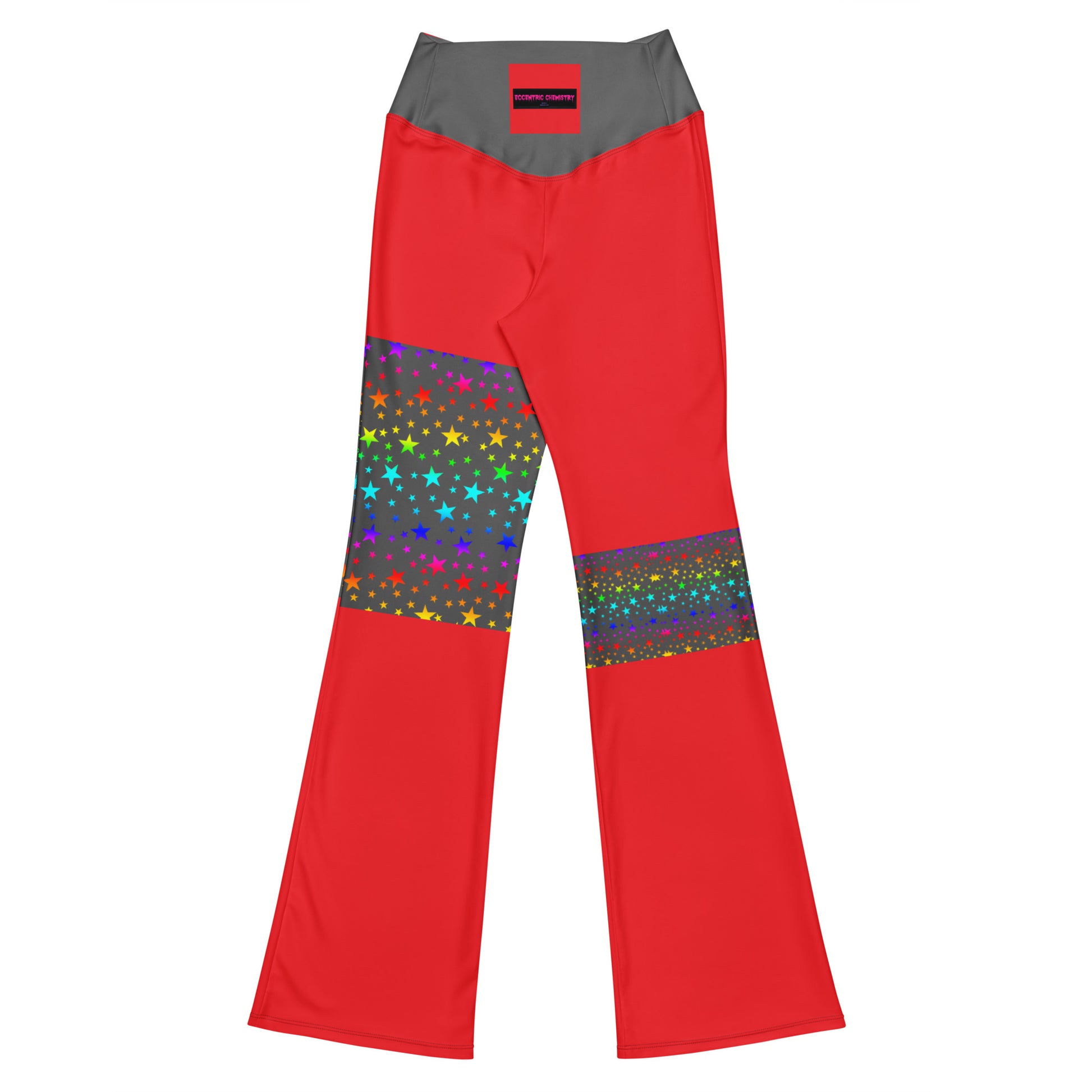 Women's flare leggings by Eccentric Chemistry with cosmic color pop all-over print, showing a white back view.