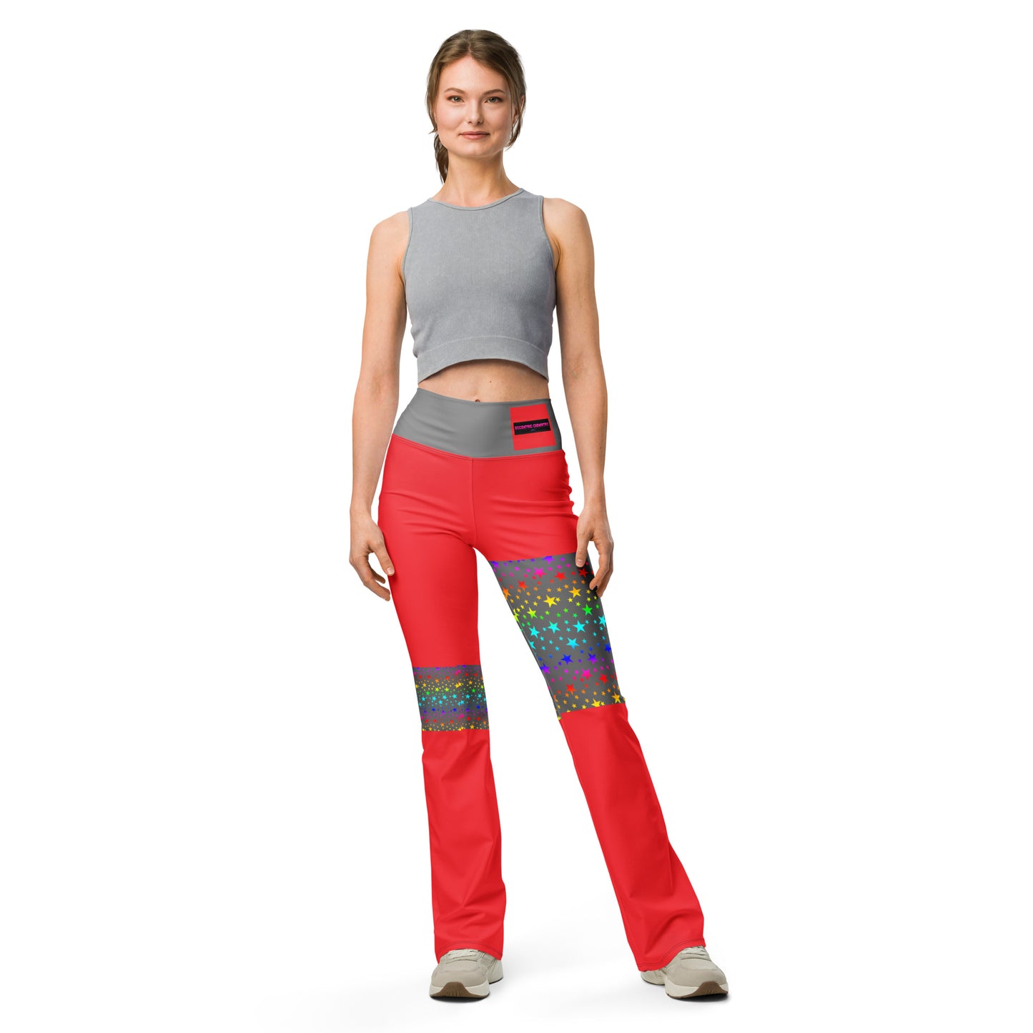 Women's flare leggings with cosmic color pop print from Eccentric Chemistry's Laboratory of Strange & Stylish Things, front view.