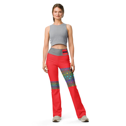 Women's flare leggings with cosmic color pop print from Eccentric Chemistry's Laboratory of Strange & Stylish Things, front view.