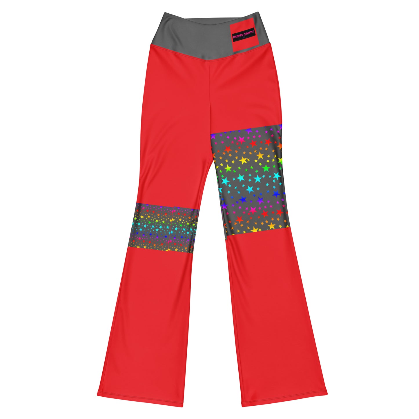 Women's flare leggings with cosmic color pop print from Eccentric Chemistry, featuring all-over vibrant, space-inspired design.