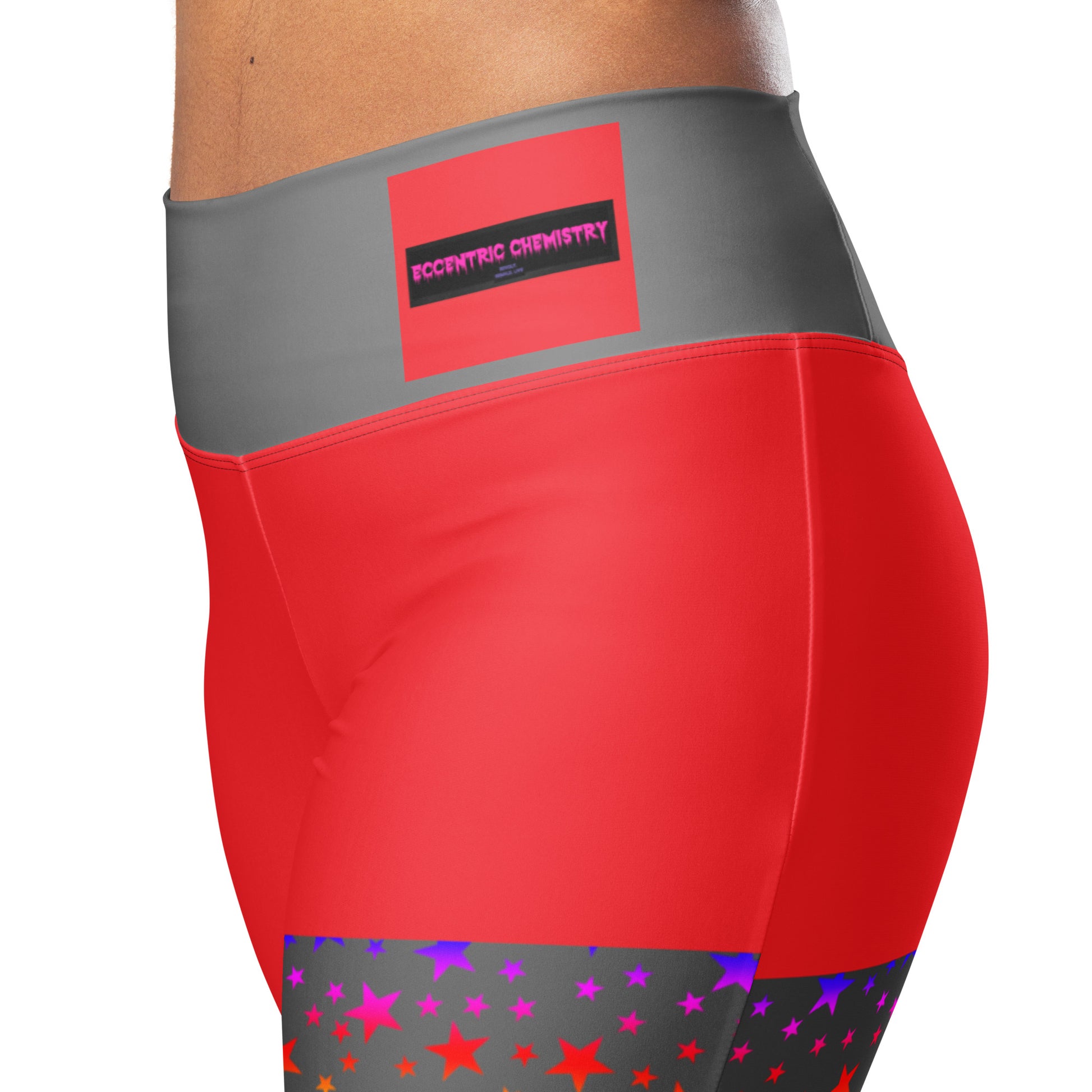 Women's flare leggings with cosmic color pop print from Eccentric Chemistry, featuring a vibrant all-over galaxy-inspired design.