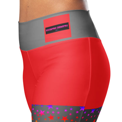 Women's flare leggings with cosmic color pop print from Eccentric Chemistry, featuring a vibrant all-over galaxy-inspired design.