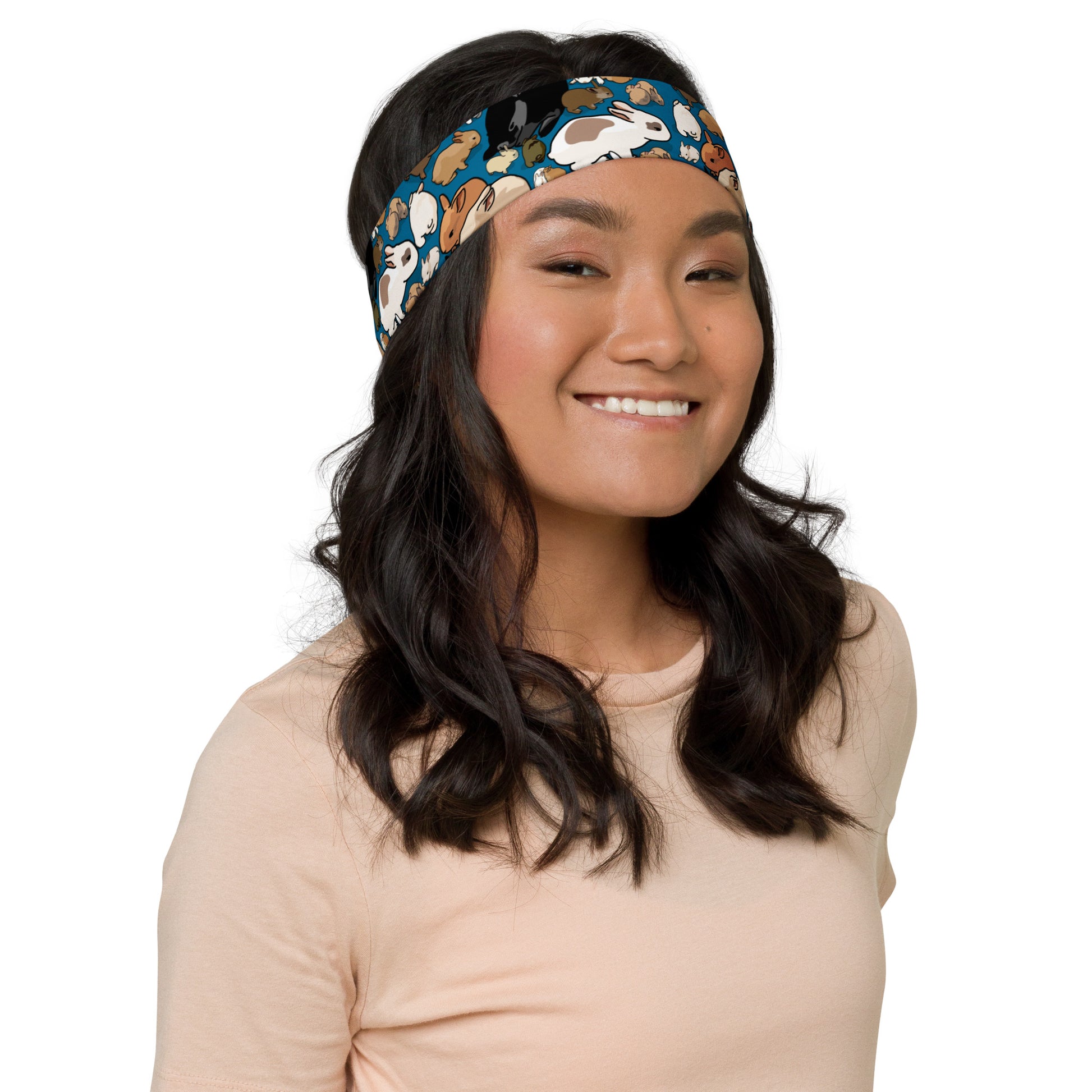White all-over-print headband featuring a bunny bounce experiment design from Eccentric Chemistry's Laboratory of Strange & Stylish Things.