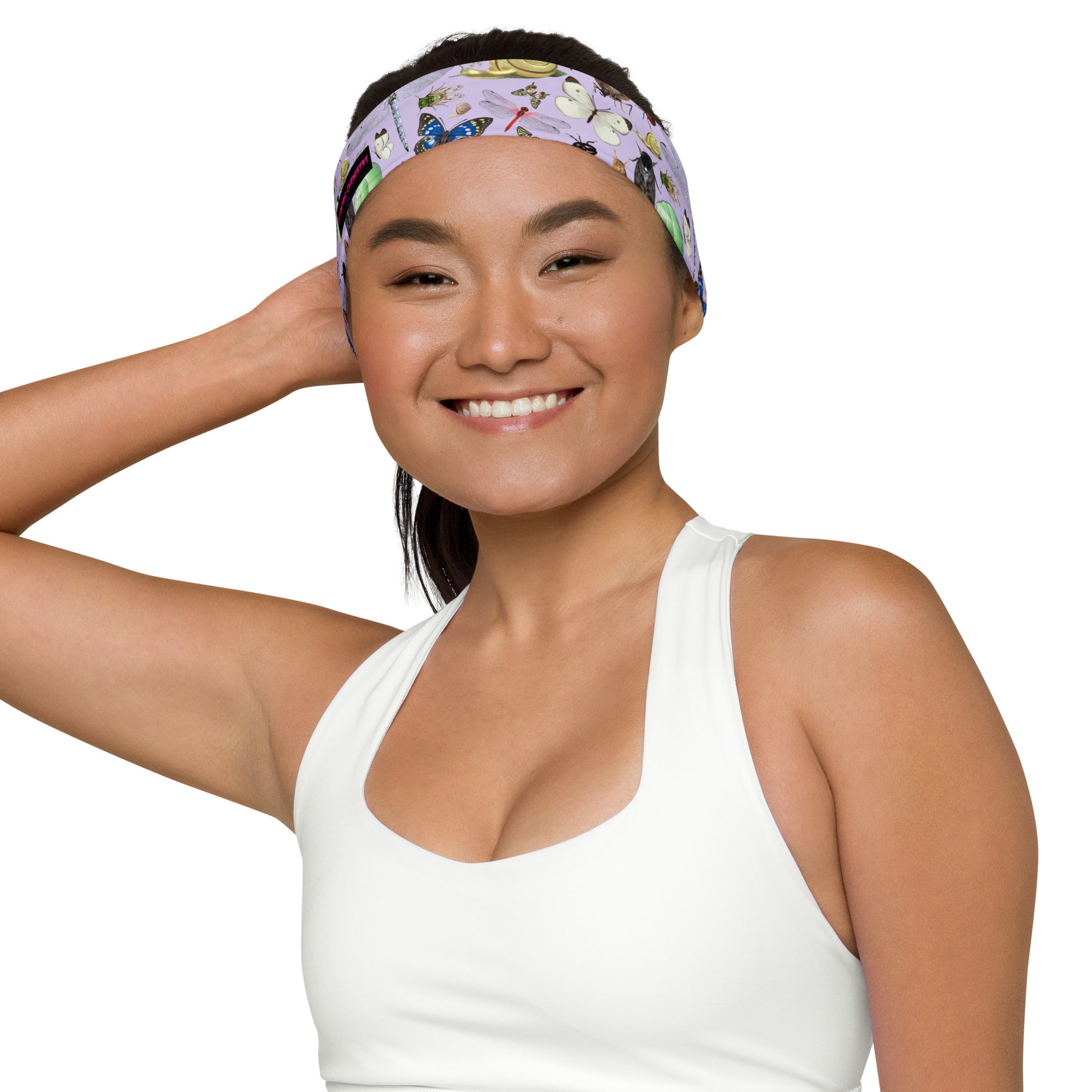 Eccentric Chemistry Tiny Universe insect field experiment all-over-print headband in white, stylish and lightweight accessory.
