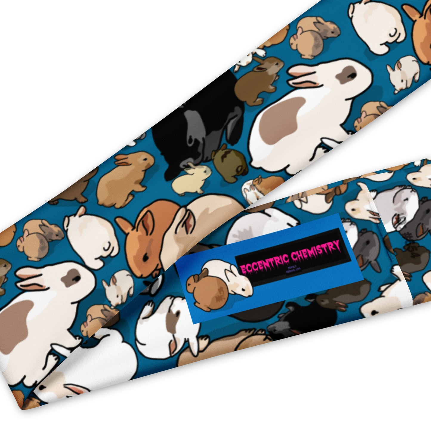 Eccentric Chemistry’s white all-over-print headband featuring playful Quantum Bunny Bounce Experiment design.