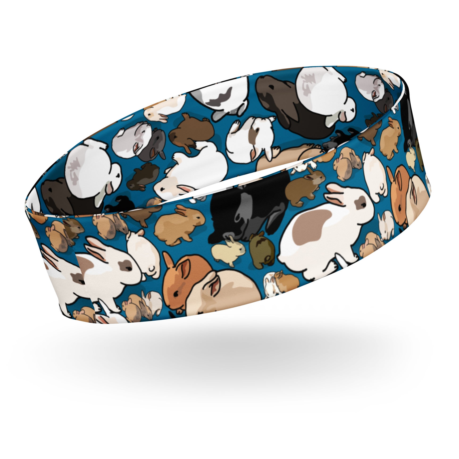 White all-over-print headband from Eccentric Chemistry's Quantum Bunny Bounce Experiment collection, featuring a playful, experimental design.