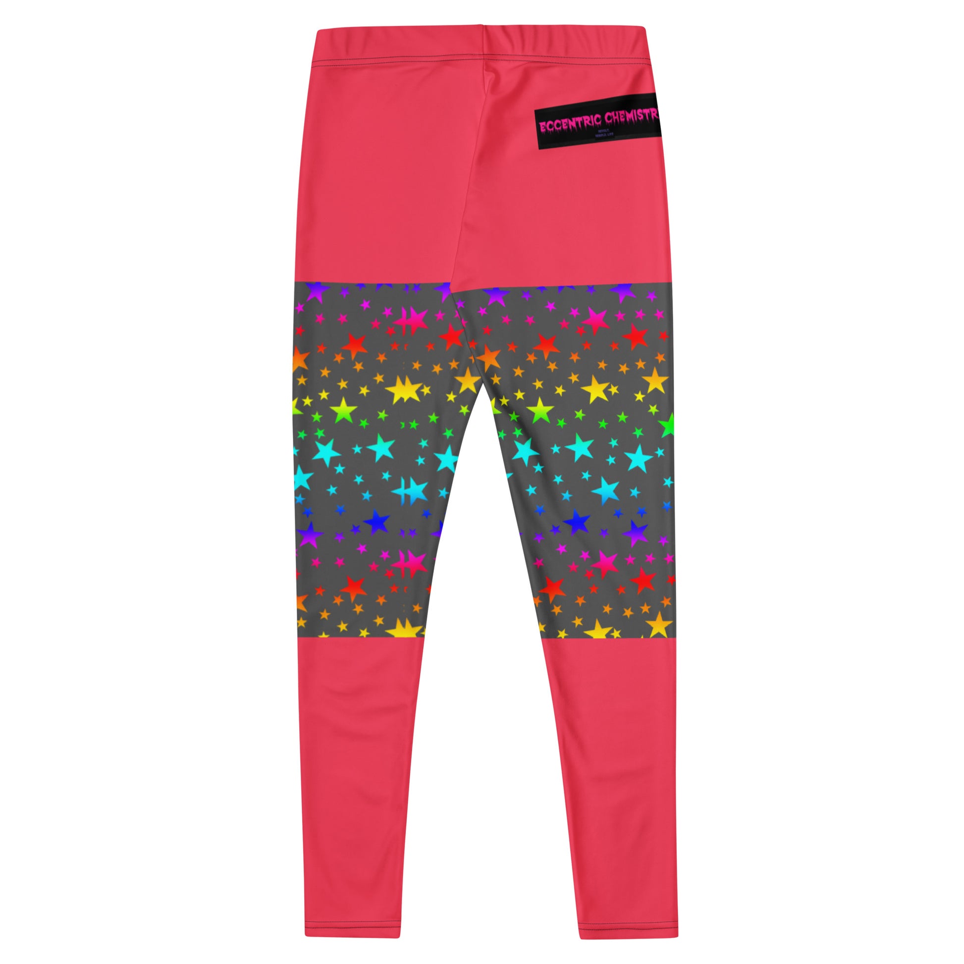 Eccentric Chemistry cosmic pop-star fusion matrix print leggings with all-over colorful galaxy design on white background.