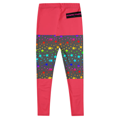 Eccentric Chemistry cosmic pop-star fusion matrix print leggings with all-over colorful galaxy design on white background.