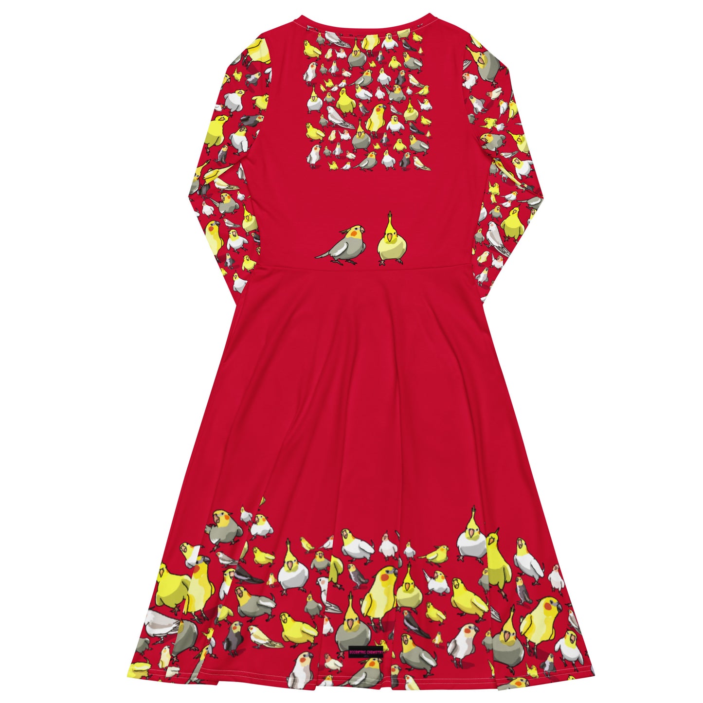 Long sleeve midi dress with crimson flock chemistry experiment print by Eccentric Chemistry, all-over white background, stylish lab-inspired design.