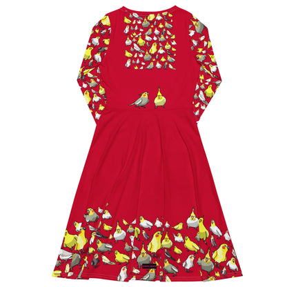 Long sleeve midi dress with crimson flock chemistry experiment print by Eccentric Chemistry, all-over white background, stylish lab-inspired design.