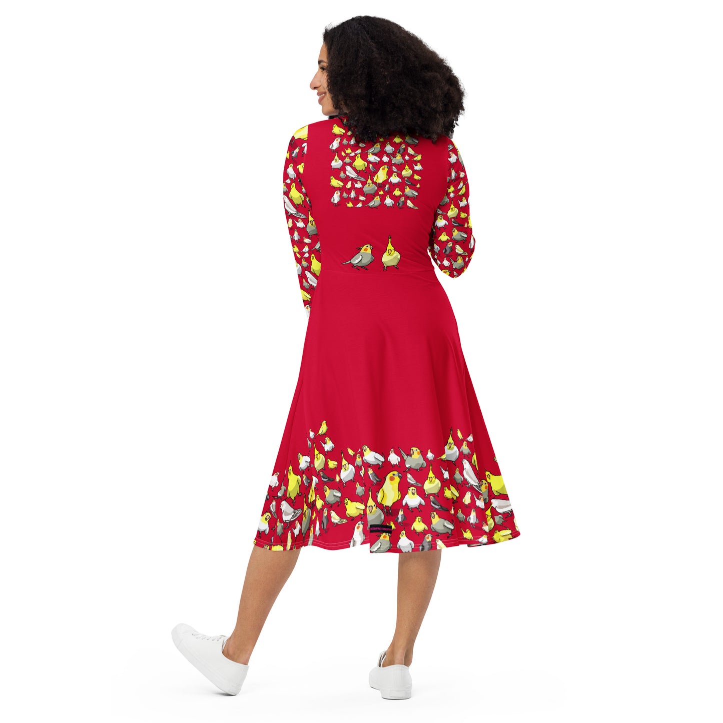 Long sleeve midi dress with crimson flock chemistry experiment print by Eccentric Chemistry, featuring all-over science-themed design.