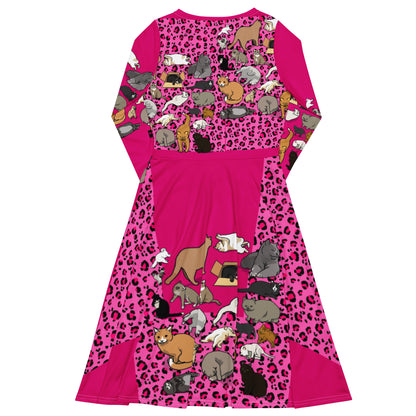 Eccentric Chemistry’s long sleeve midi dress with a white all-over print featuring Purr‑Mama Power Matrix design, stylish and unique.