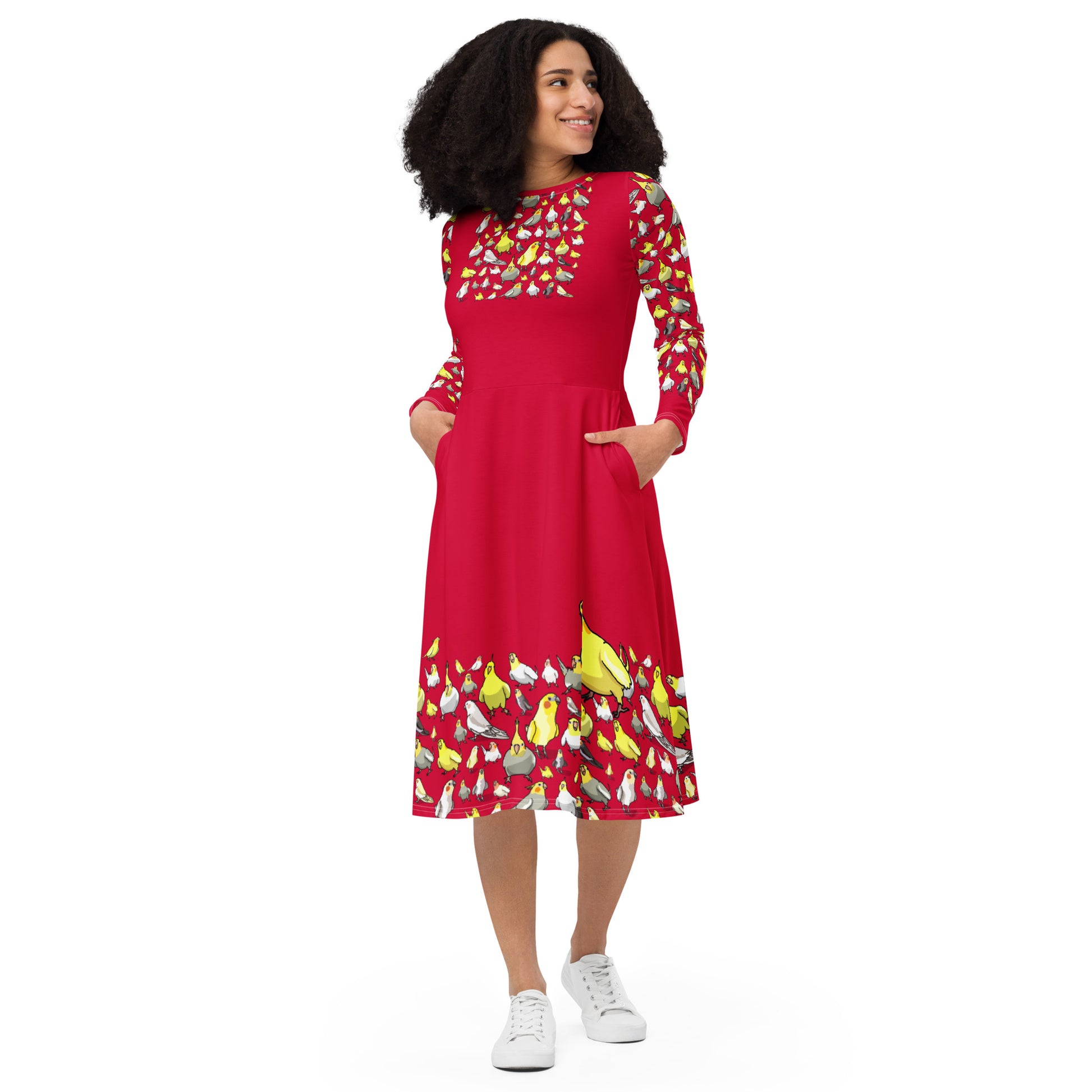 Long sleeve midi dress with crimson flock chemistry experiment pattern, all-over print, by Eccentric Chemistry Laboratory of Strange & Stylish Things