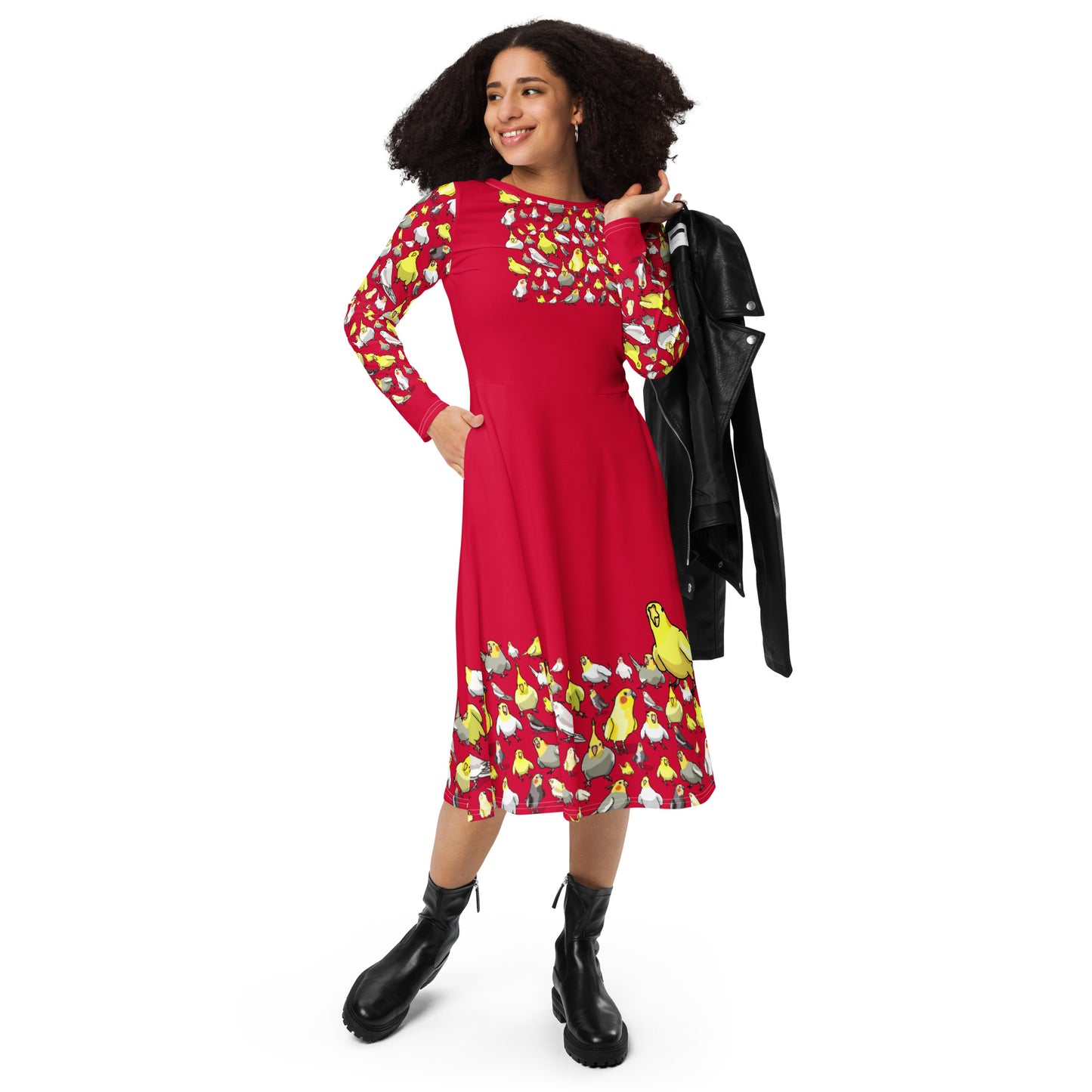 White long sleeve midi dress with crimson flock chemistry experiment print from Eccentric Chemistry's Laboratory of Strange & Stylish Things.