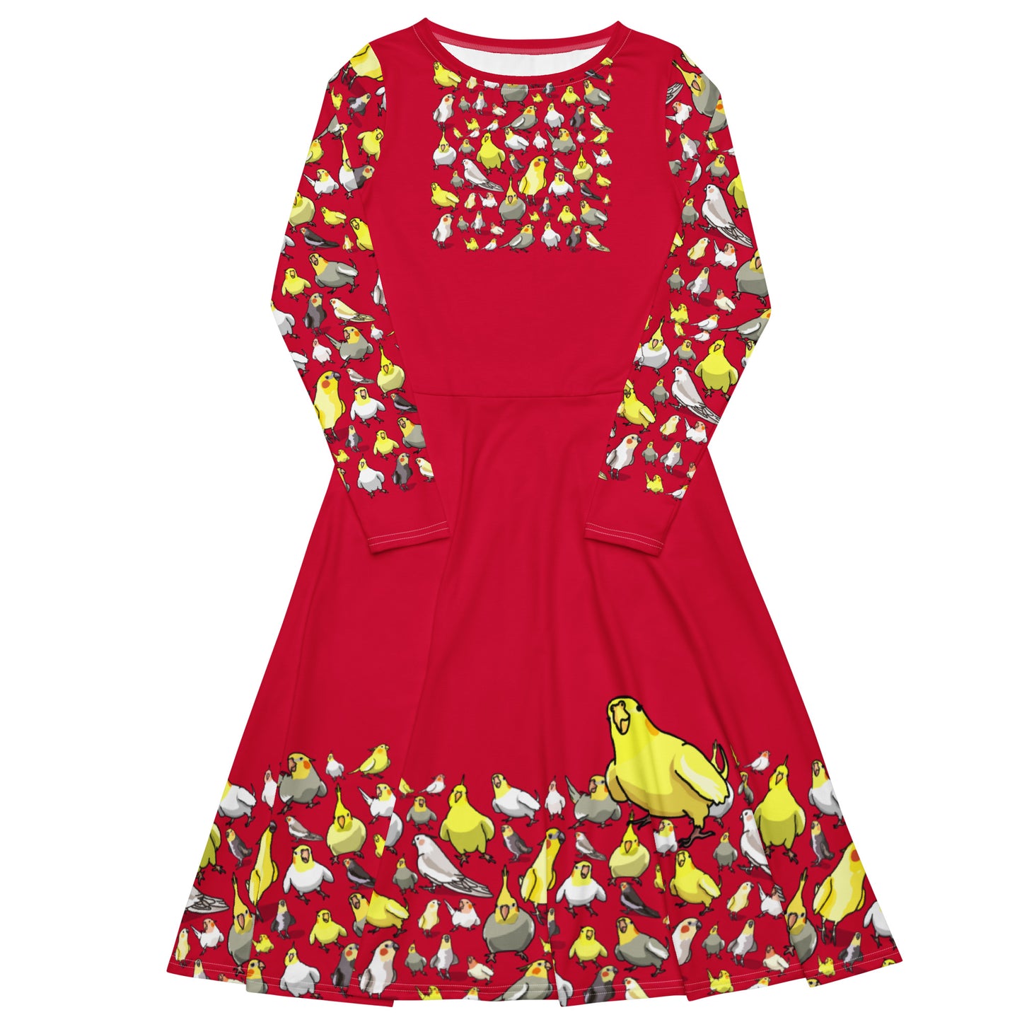Long sleeve crimson flock print midi dress by Eccentric Chemistry with all-over chemistry experiment pattern, front view.