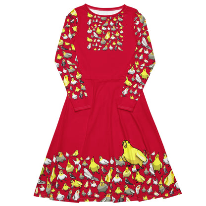 Long sleeve crimson flock print midi dress by Eccentric Chemistry with all-over chemistry experiment pattern, front view.