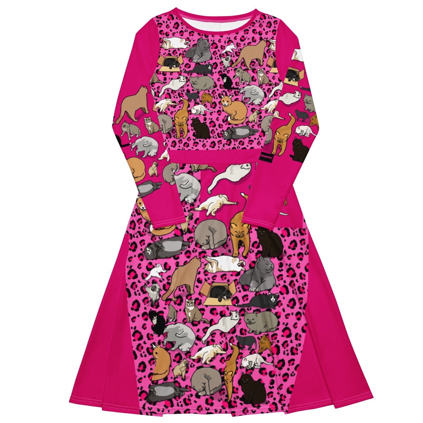 Eccentric Chemistry long sleeve midi dress with all-over white print featuring Purr‑Mama Power Matrix experiment design.