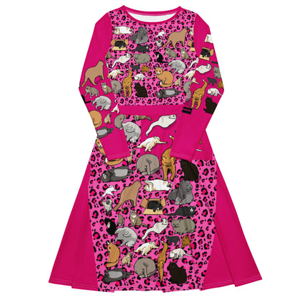 Eccentric Chemistry long sleeve midi dress with all-over white print featuring Purr‑Mama Power Matrix experiment design.