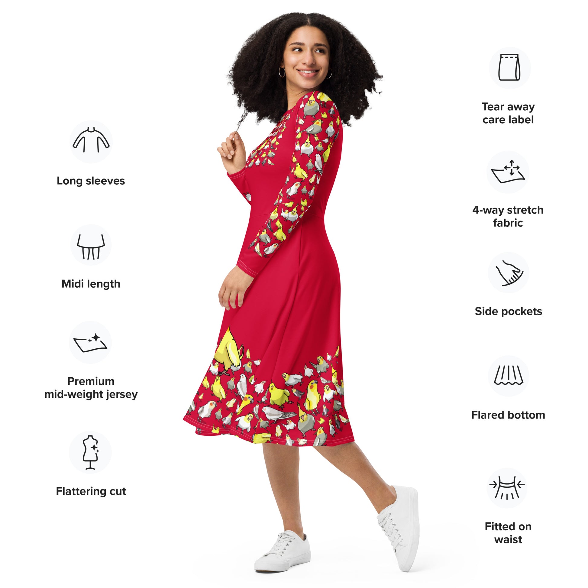 Long sleeve crimson flock midi dress with chemistry experiment print from Eccentric Chemistry’s Laboratory of Strange & Stylish Things.