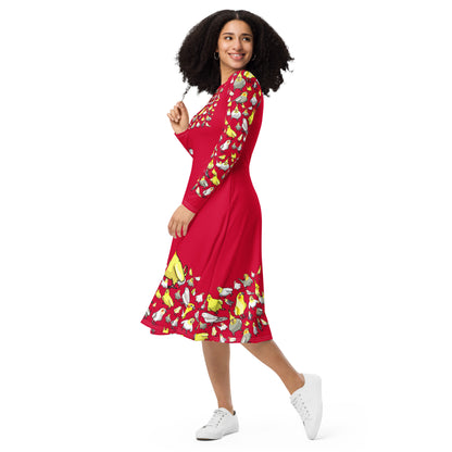 Crimson flock print long sleeve midi dress by Eccentric Chemistry with all-over science-inspired pattern on white fabric.
