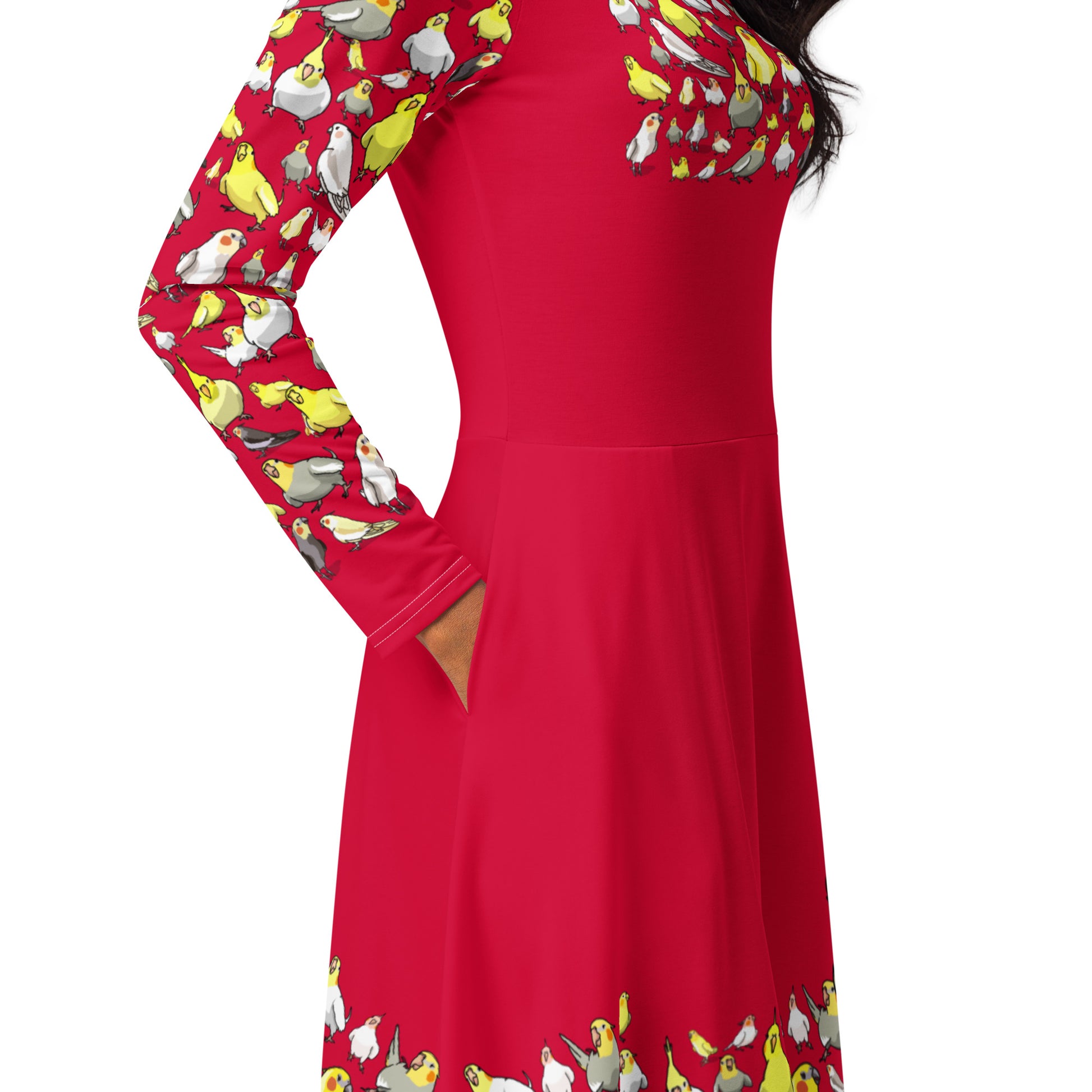 Eccentric Chemistry long sleeve midi dress with crimson flock print and laboratory-inspired all-over design, stylish cut-sew fashion.