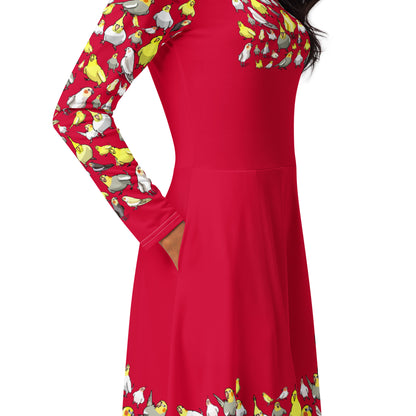 Eccentric Chemistry long sleeve midi dress with crimson flock print and laboratory-inspired all-over design, stylish cut-sew fashion.
