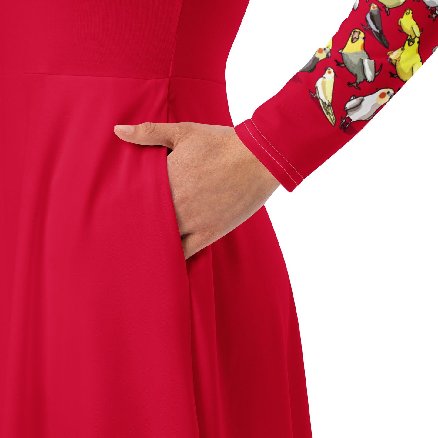 Eccentric Chemistry's long sleeve midi dress with crimson flock print, featuring a chemistry experiment design on all-over white fabric.