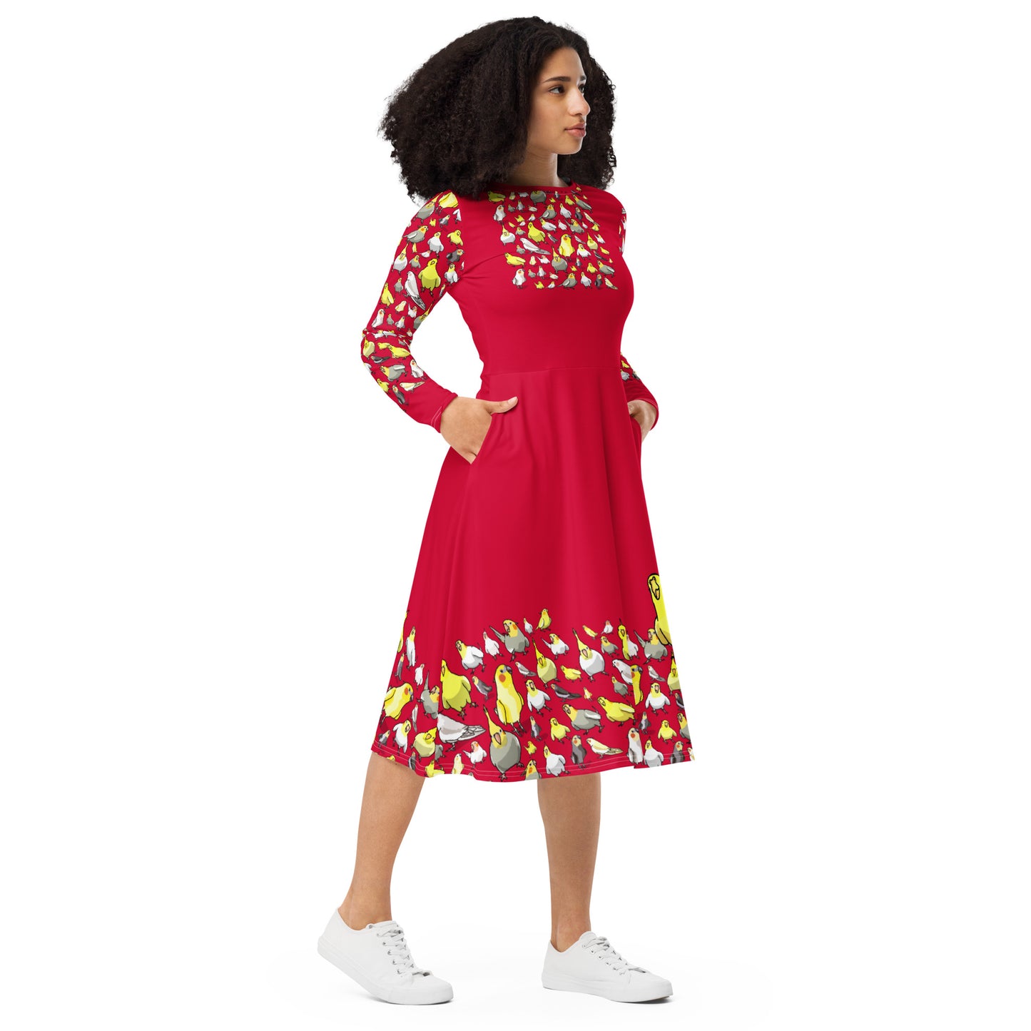 Crimson flock print long sleeve midi dress from Eccentric Chemistry's Laboratory of Strange & Stylish Things, front view.