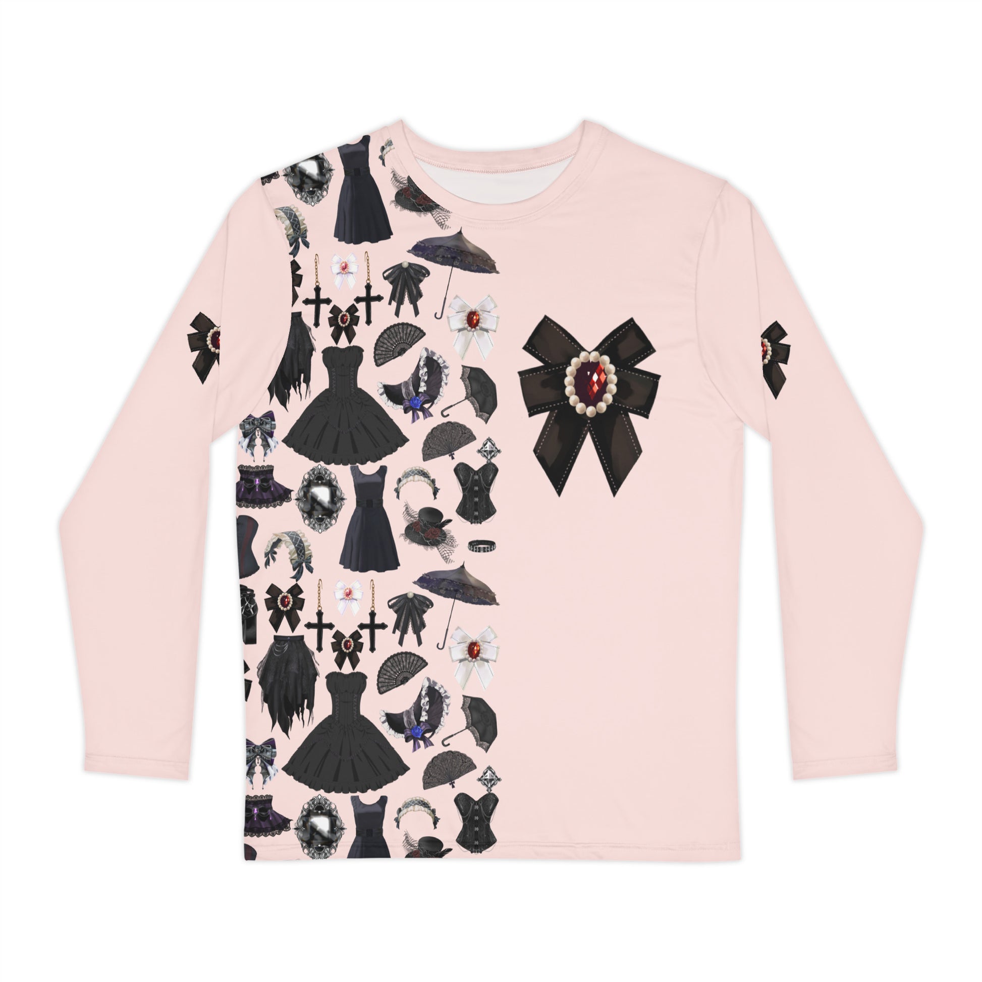 Unisex pastel goth long sleeve shirt with shadowheart experiment print, stylish all-over design from Eccentric Chemistry's Laboratory.