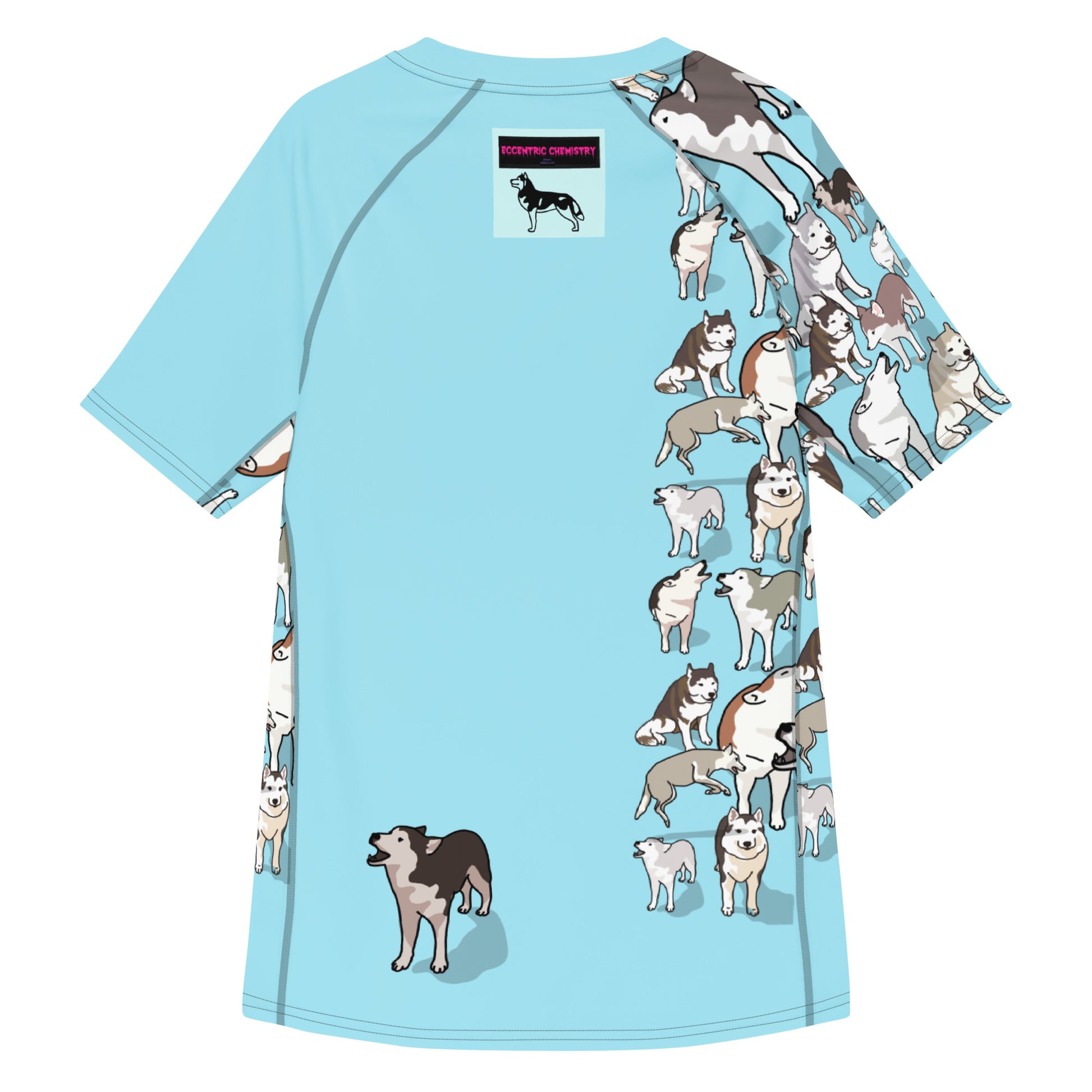 Men’s light blue rash guard with all-over Arctic Howl Experiment print, short sleeves, made from recycled materials, stylish and comfortable.