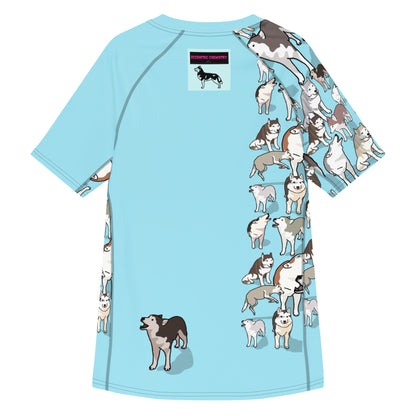 Men’s light blue rash guard with all-over Arctic Howl Experiment print, short sleeves, made from recycled materials, stylish and comfortable.
