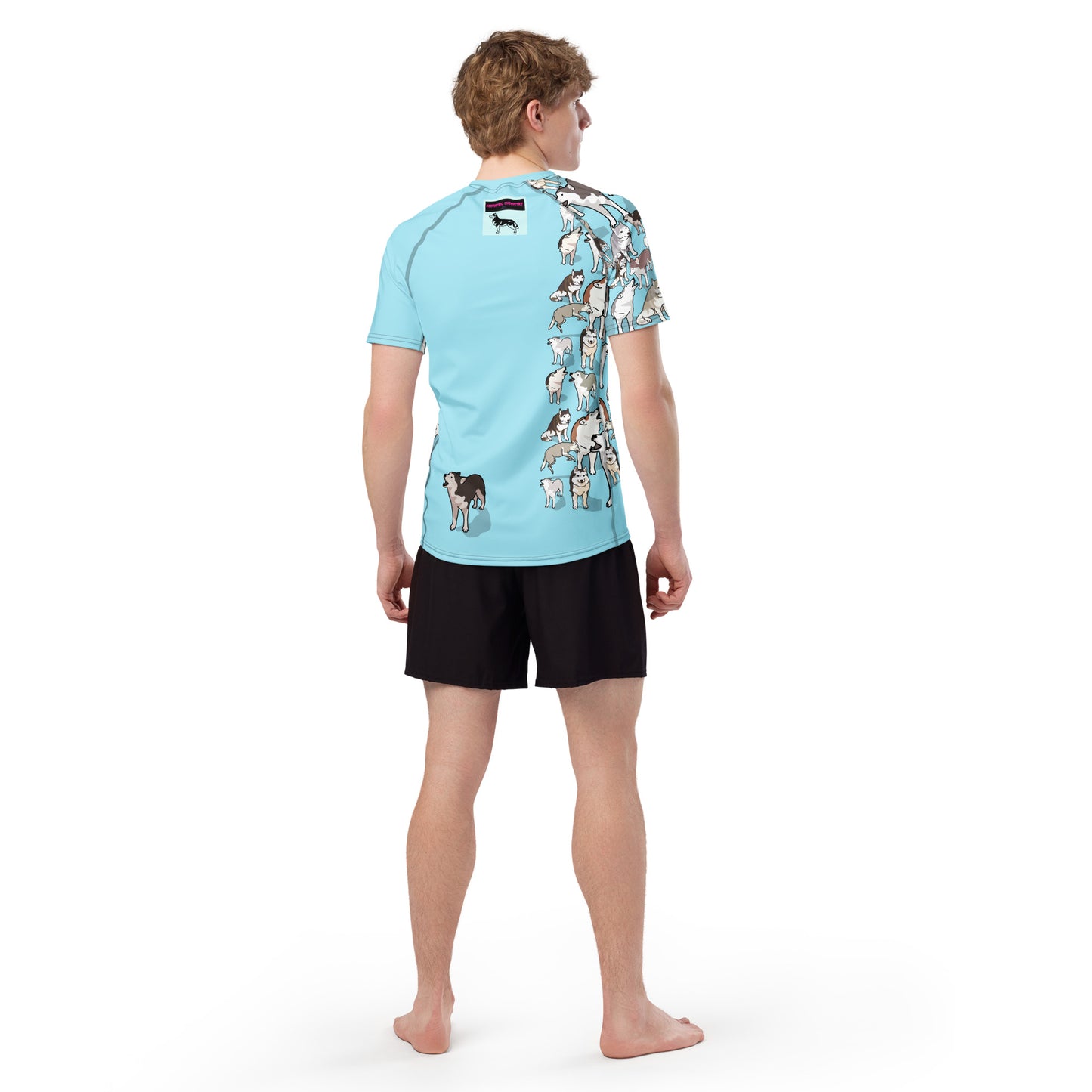 Men’s light blue rash guard with all-over print from Eccentric Chemistry’s Arctic Howl Experiment collection, short sleeves, recycled fabric.