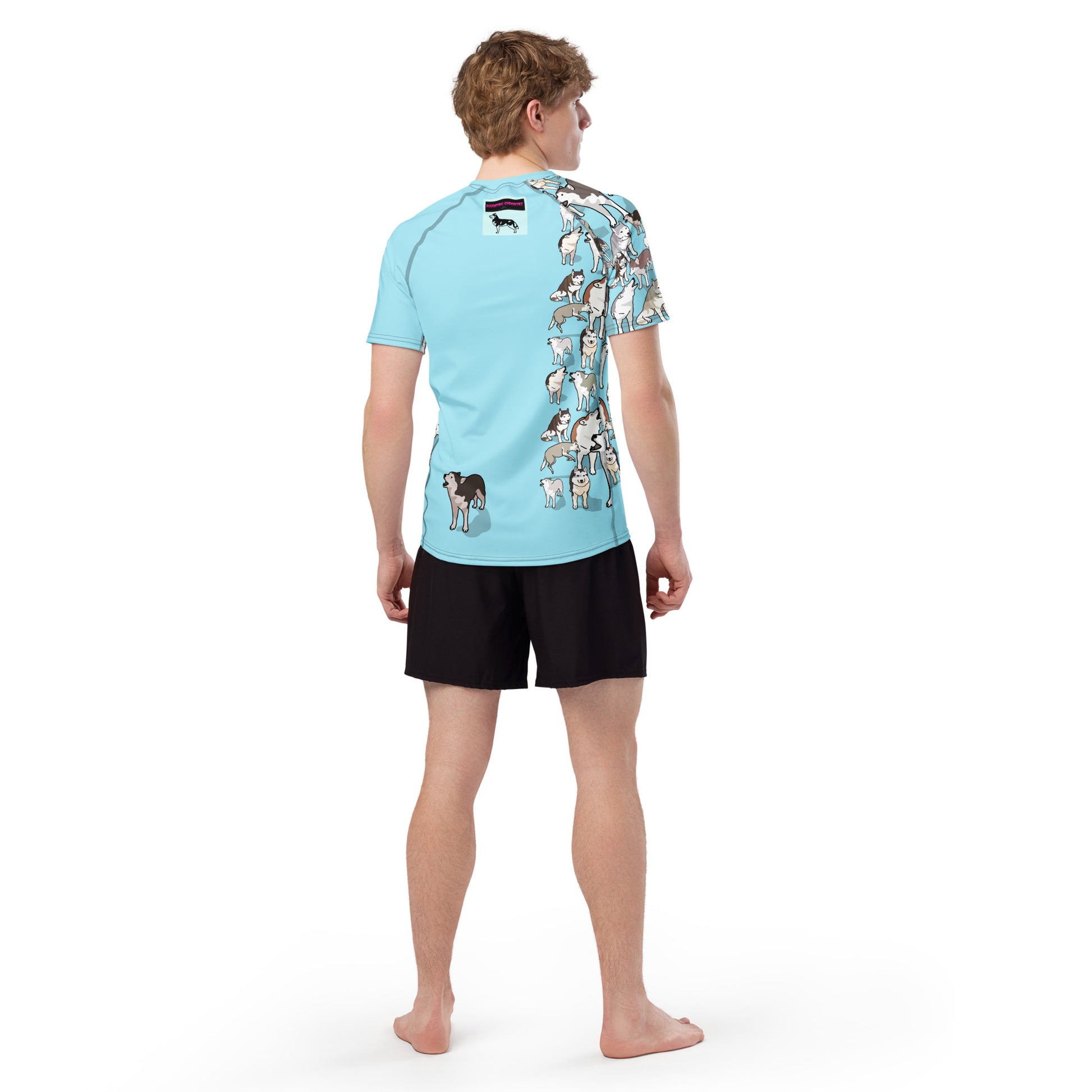 Men’s light blue rash guard with all-over print from Eccentric Chemistry’s Arctic Howl Experiment collection, short sleeves, recycled fabric.