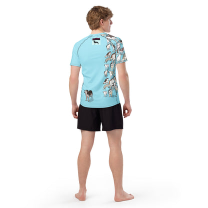Men’s light blue rash guard with all-over print from Eccentric Chemistry’s Arctic Howl Experiment collection, short sleeves, recycled fabric.