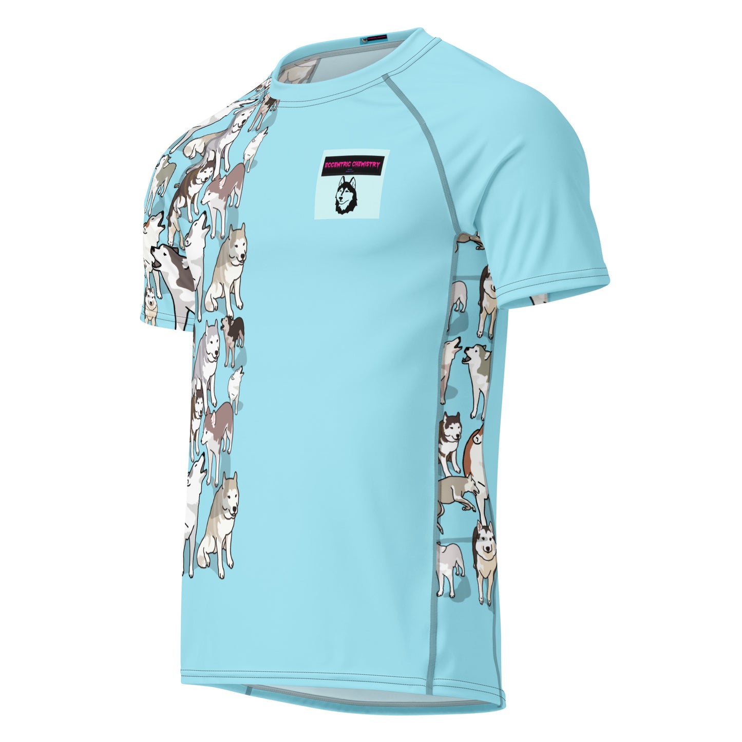Men’s light blue rash guard with Arctic Howl Experiment print, short-sleeve, recycled fabric, stylish and comfortable for active wear.