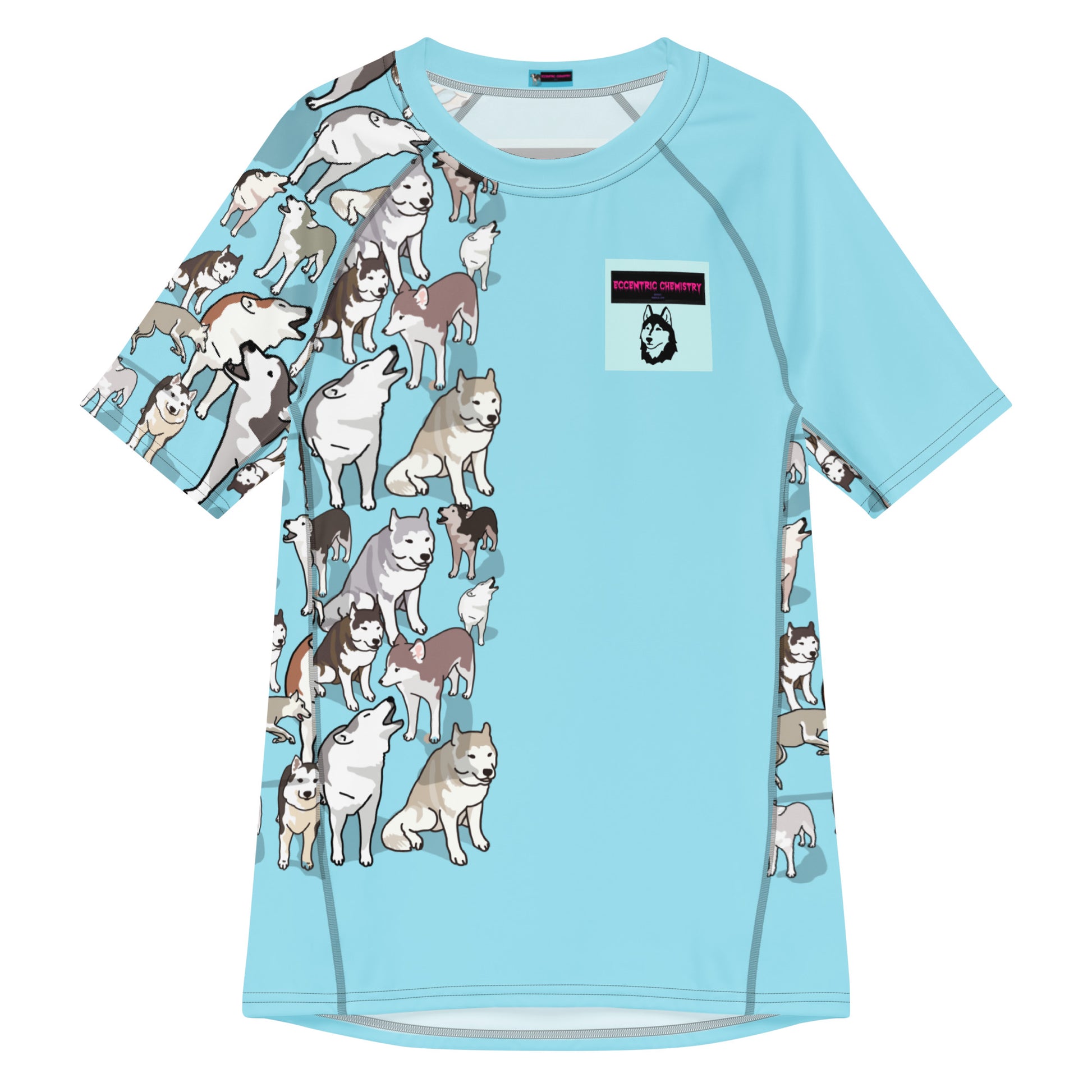 Men’s light blue rash guard with all-over Arctic Howl Experiment print, short sleeves, made from recycled materials, by Eccentric Chemistry.