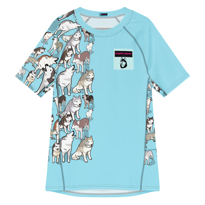 Men’s light blue rash guard with all-over Arctic Howl Experiment print, short sleeves, made from recycled materials, by Eccentric Chemistry.