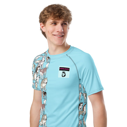 Men’s light blue Arctic Howl Experiment rash guard by Eccentric Chemistry with all-over print, recycled short-sleeve design.