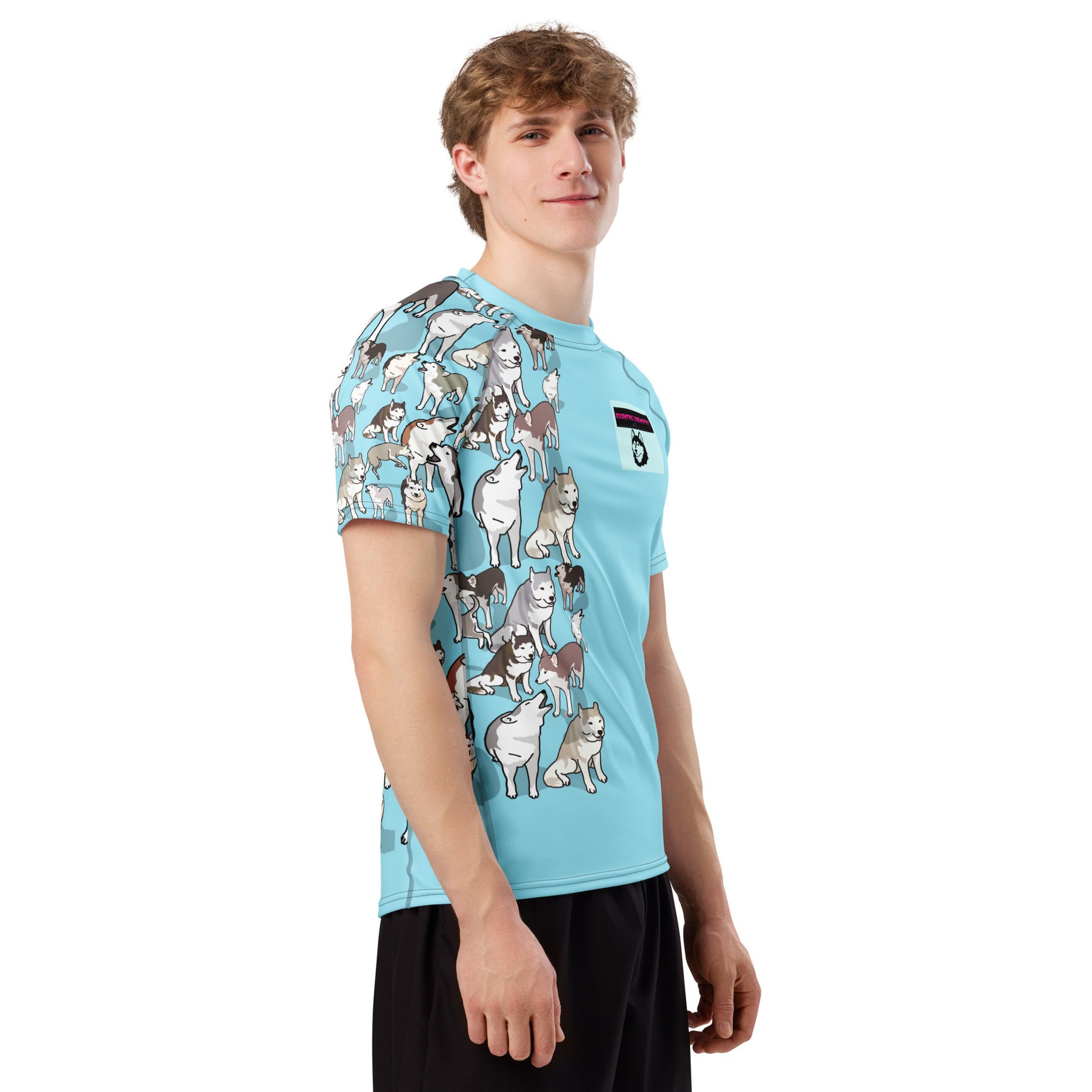 Men’s light blue rash guard with all-over Arctic Howl experiment print, short-sleeve recycled fabric, from Eccentric Chemistry.