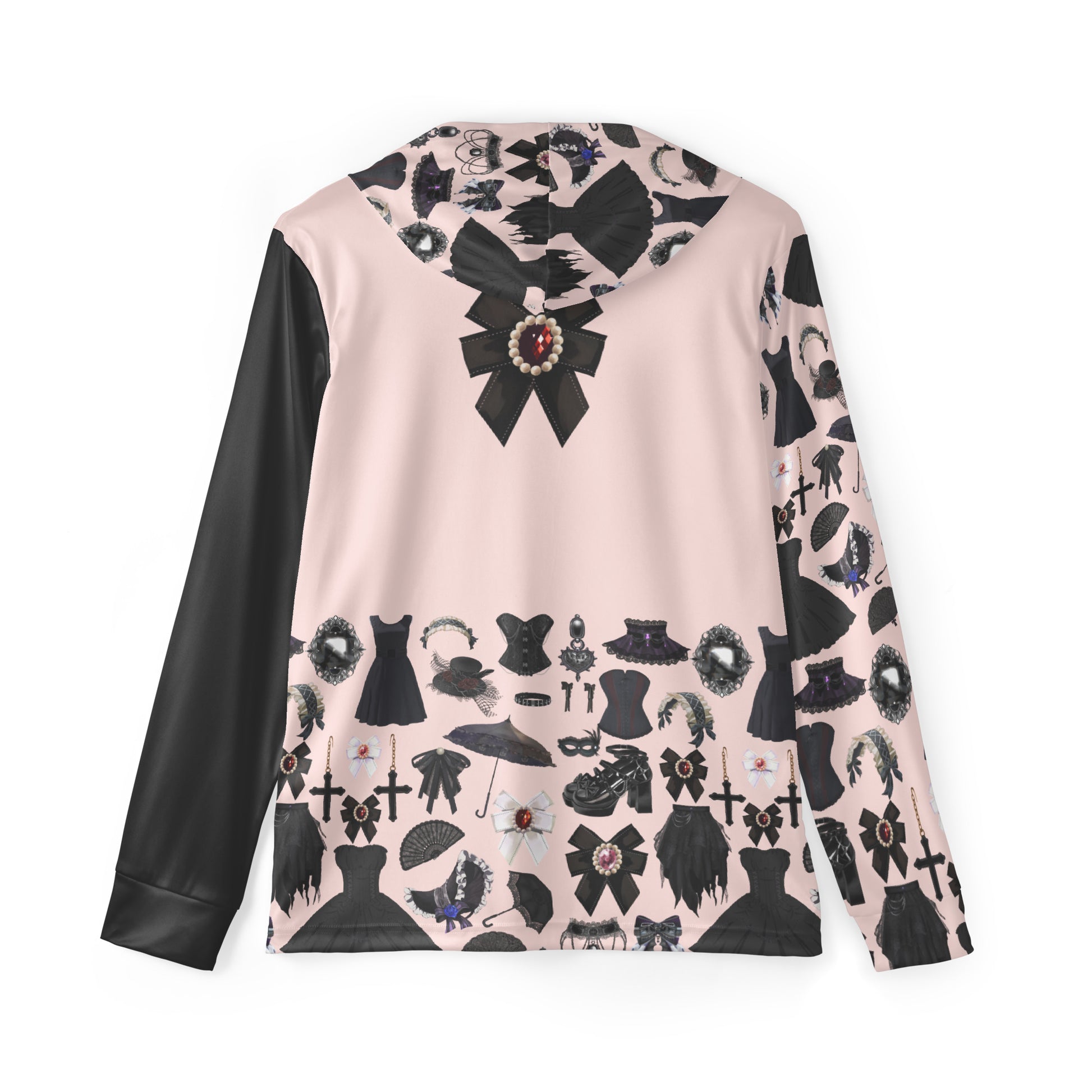 Unisex Gothic Ember sports warmup hoodie with all-over print, featuring dark, stylish design from Eccentric Chemistry’s clothing line.